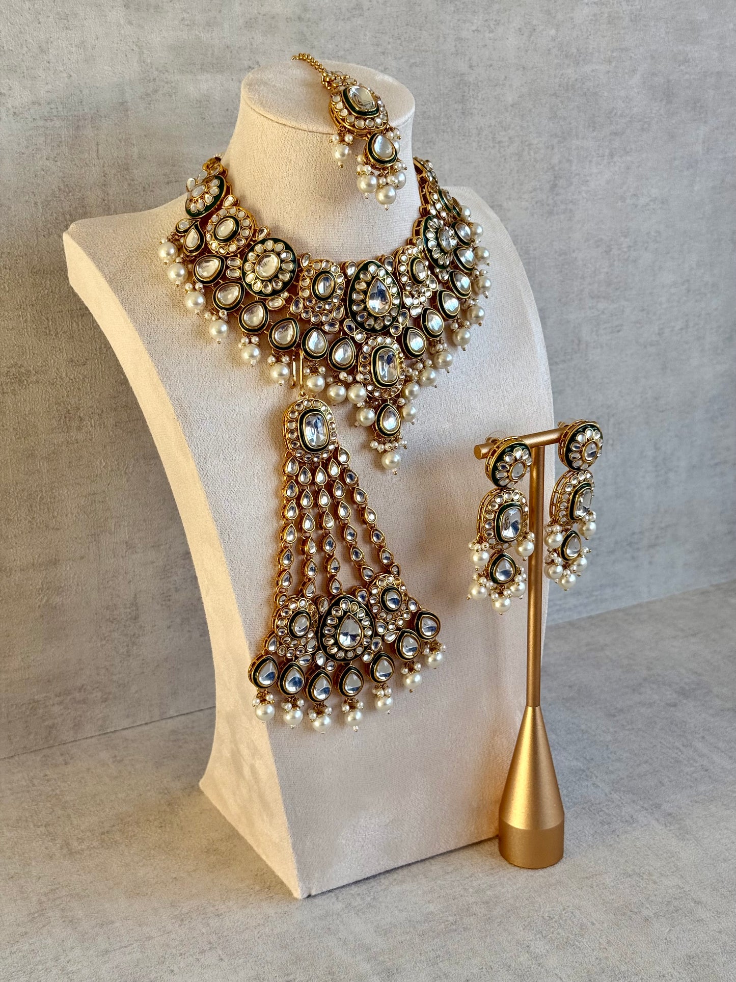 Ayura Designs Jashan Set with Necklace, Earrings, Tikka & Passa – Kundan Detailing, Ivory Pearl Drops