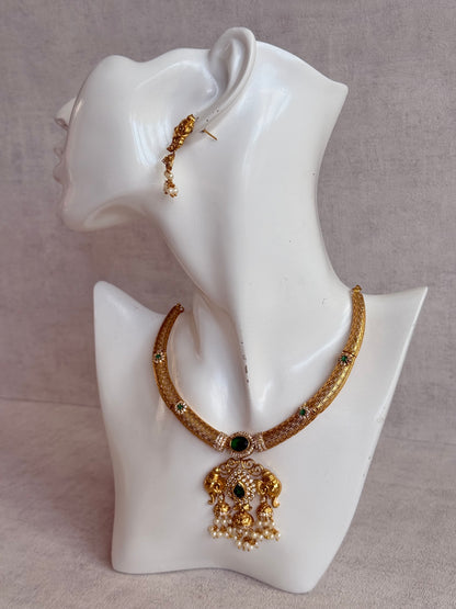 Ayura Designs Wadha Collar Necklace Set with Earrings – Gold Elephant Pendant & Emerald Green Stone Detailing