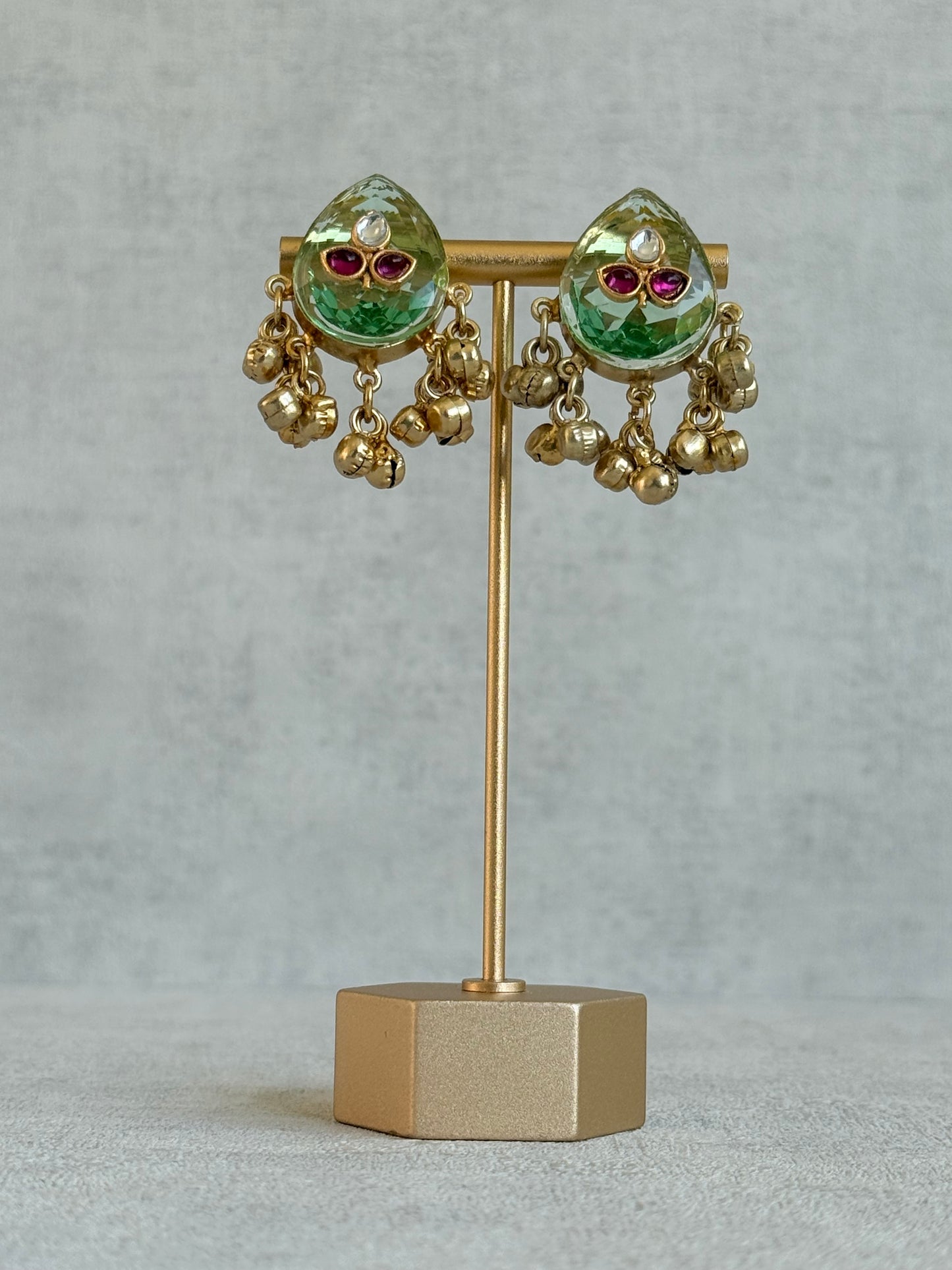 Ayura Designs Aykai Earrings – Pistachio Teardrop Stud Earrings with Clear Kundan Stones and Gold Ghungroo Drops
