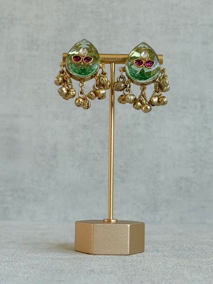 Ayura Designs Aykai Earrings – Pistachio Teardrop Stud Earrings with Clear Kundan Stones and Gold Ghungroo Drops