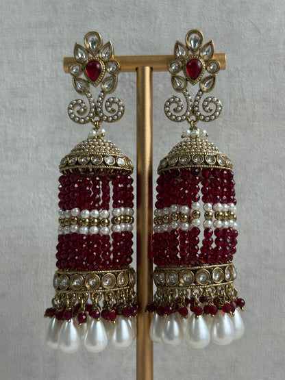 Ayura Designs Sage Earrings – Statement Jhumkis with Mirror-Cut Stones, Pearl Drops & Ruby Red Beads