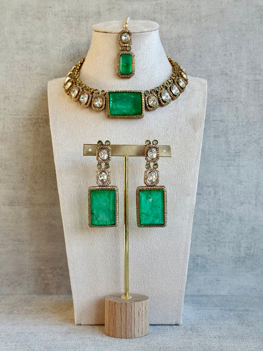 Ayura Designs Clara Set with Earrings & Tikka — Jade Green Moissanite Stones and Antique Gold Finish