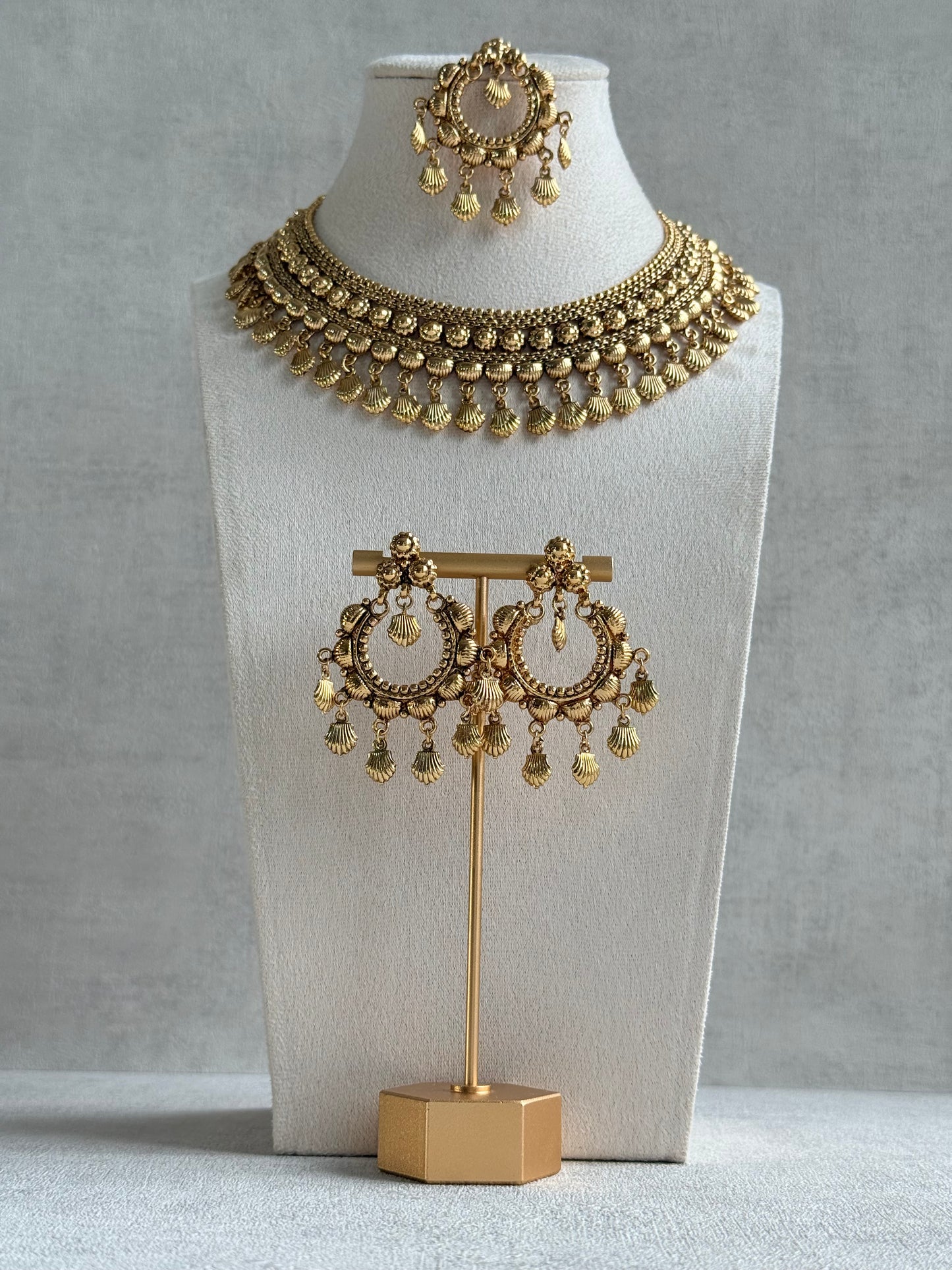Ayura Designs Falaq Necklace Set with Earrings & Tikka – Gold Finish with Layered Chain, Floral & Shell Drop Detailing