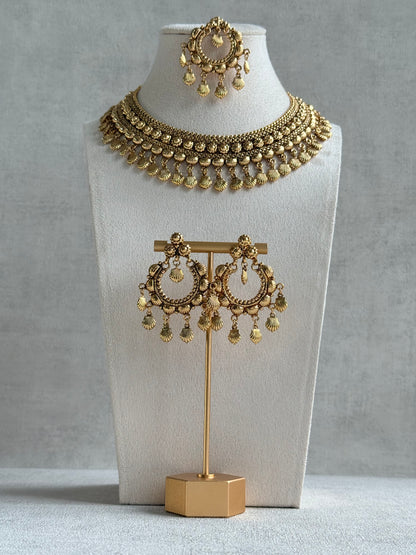 Ayura Designs Falaq Necklace Set with Earrings & Tikka – Gold Finish with Layered Chain, Floral & Shell Drop Detailing