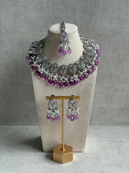 Ayura Designs Linza Set – Necklace, Earrings & Tikka in Lilac & Pearl with Silver Finish