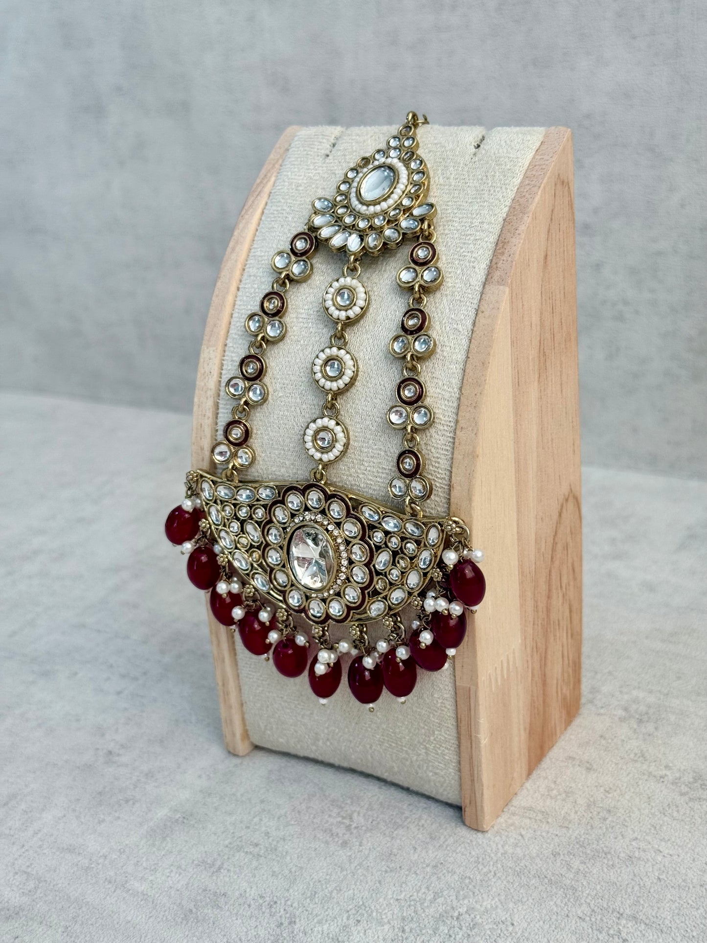 Ayura Designs Uma Jhoomar Passa – Ruby Red Drops with Kundan Stones & Antique Gold Finish