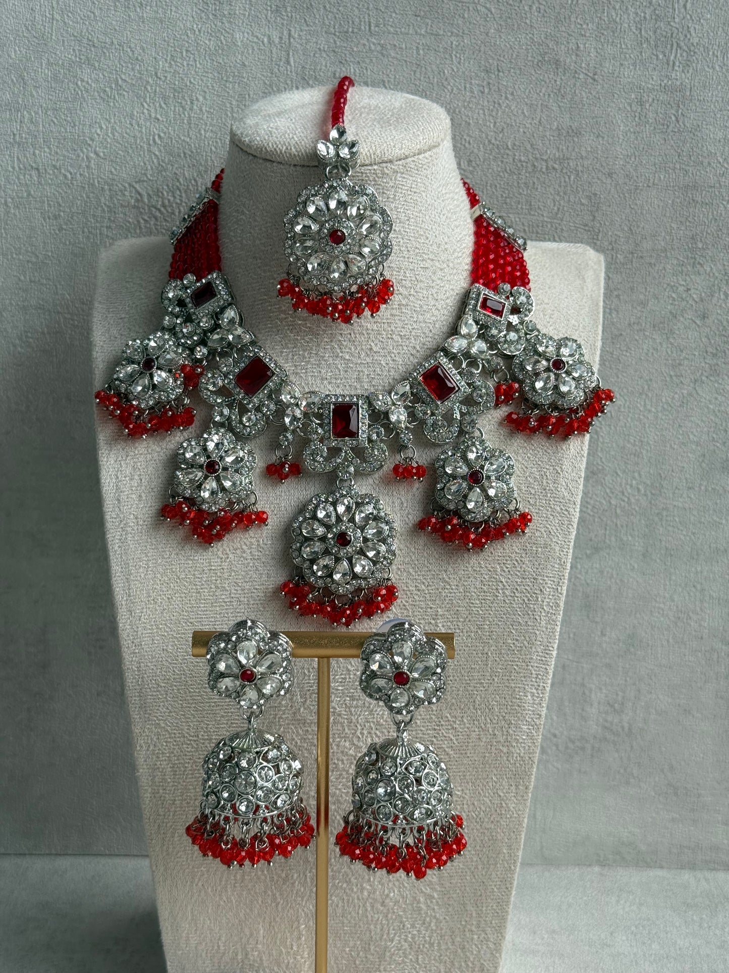 Ayura Designs Zarghuna Set with Jhumkis & Tikka – Orange Beads, Mirror-Cut Stones & Silver Finish