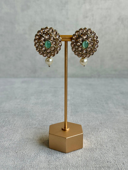 Ayura Designs Sania Set with Necklace, Earrings & Tikka – Mint Oval Stones, Kundan Detailing & Antique Gold Finish