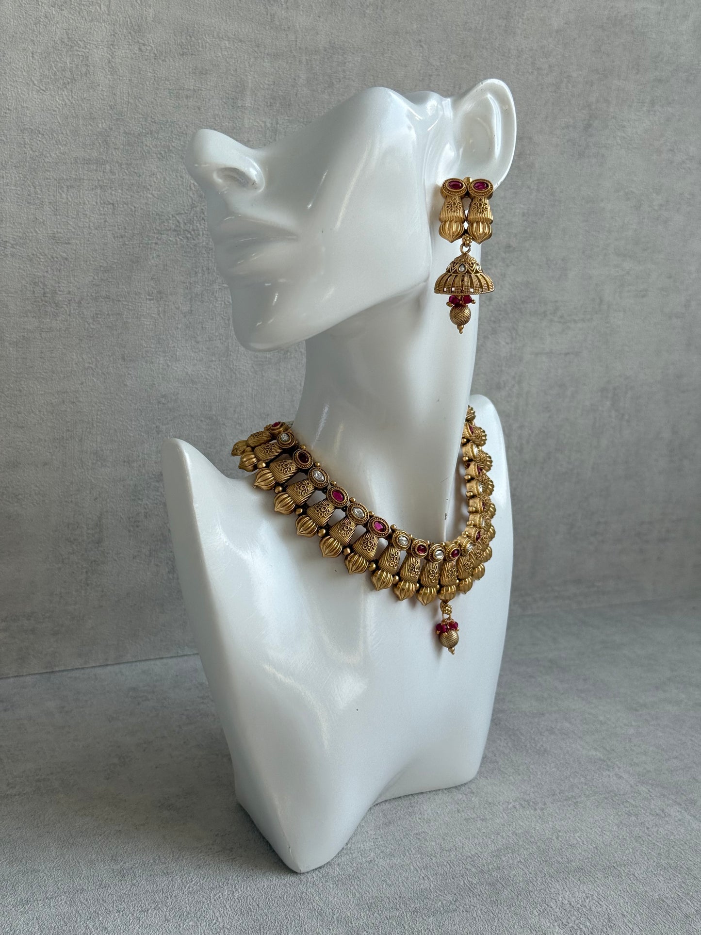 Ayura Designs Aima Necklace Set with Earrings – Antique Gold with Rani Pink Stones