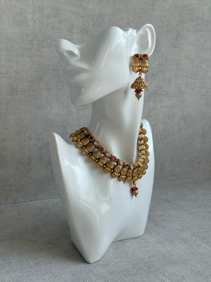 Ayura Designs Aima Necklace Set with Earrings – Antique Gold with Rani Pink Stones