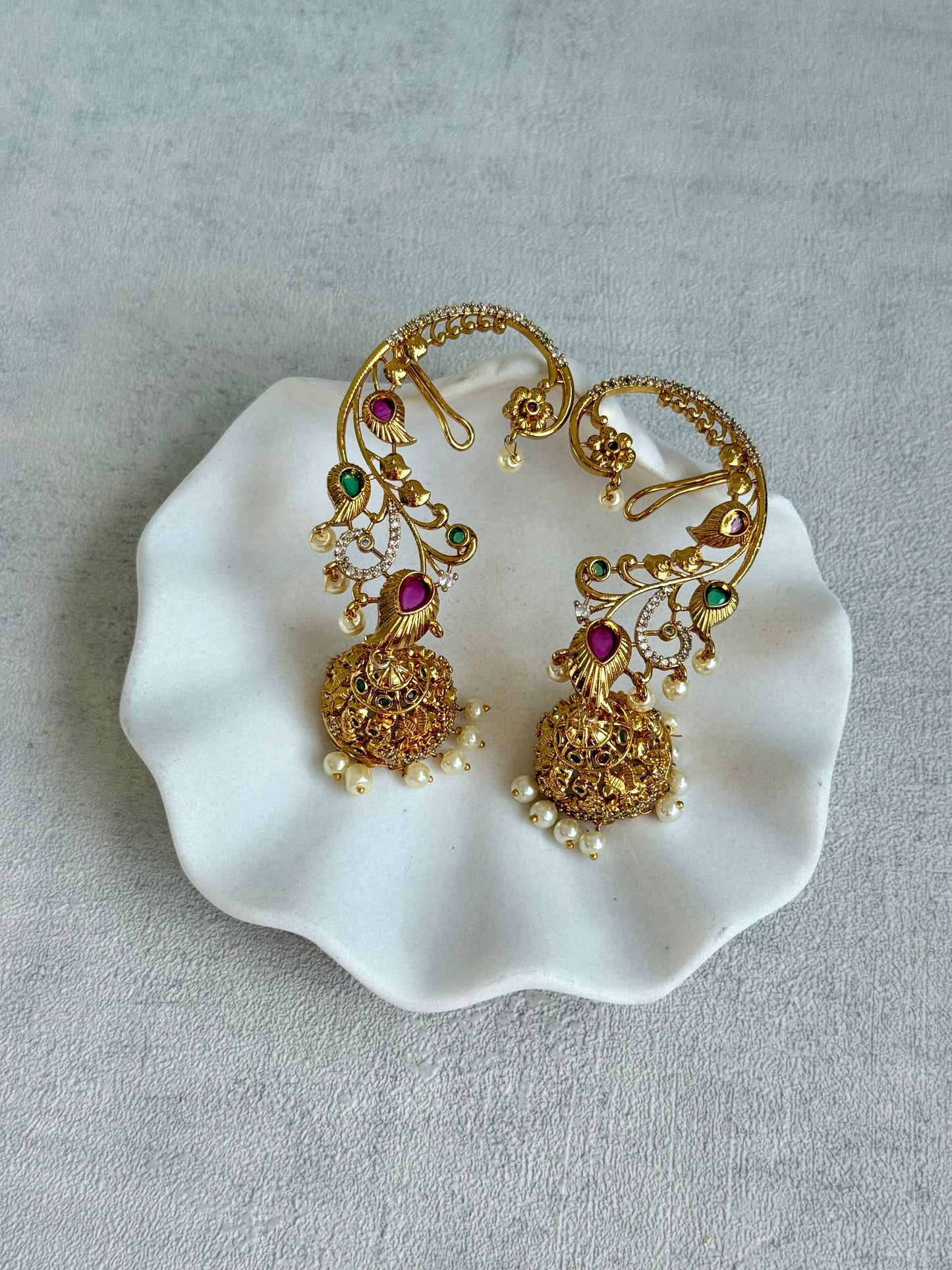 Ayura Designs Nalini Jhumkis – Gold Half Ear Cuffs with Multicolour Stone Accents, Crystal Detailing & Pearl Jhumka Drops