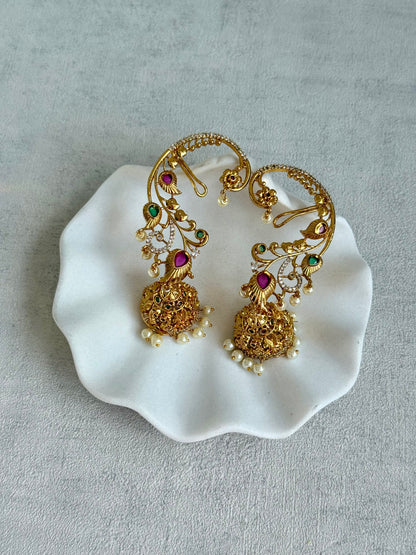 Ayura Designs Nalini Jhumkis – Gold Half Ear Cuffs with Multicolour Stone Accents, Crystal Detailing & Pearl Jhumka Drops