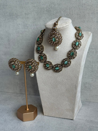 Ayura Designs Sania Set with Necklace, Earrings & Tikka – Mint Oval Stones, Kundan Detailing & Antique Gold Finish