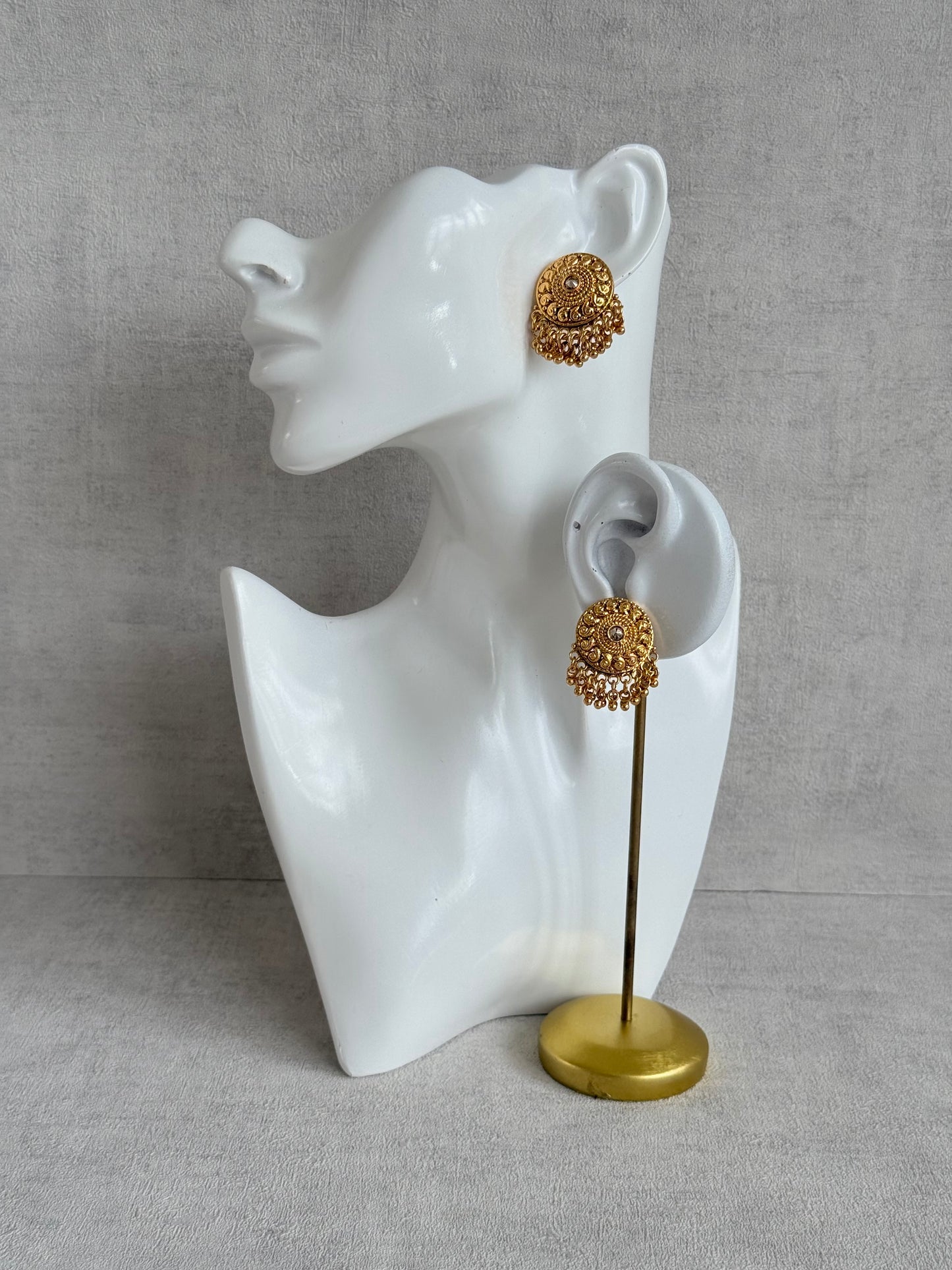 Ayura Designs Deesha Stud Earrings – Gold Finish with Crystal & Ghungroo Detailing