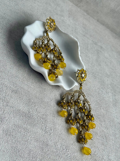 Ayura Designs Jasmine Earrings – Chandelier Statement Earrings with Yellow Beads & Antique Gold Finish