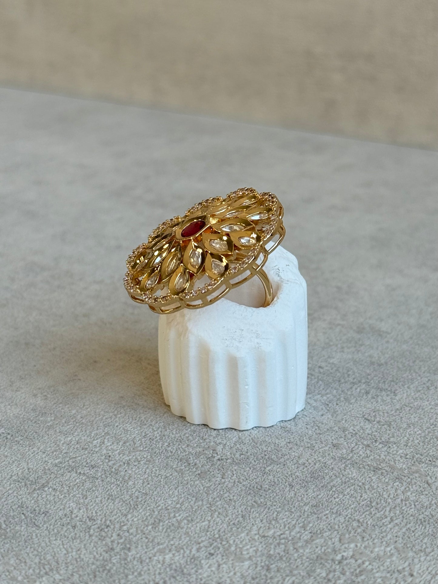 Ayura Designs Elisa Adjustable Ring – Moissanite Floral Ring with Rani Pink Centre & Crystal Border