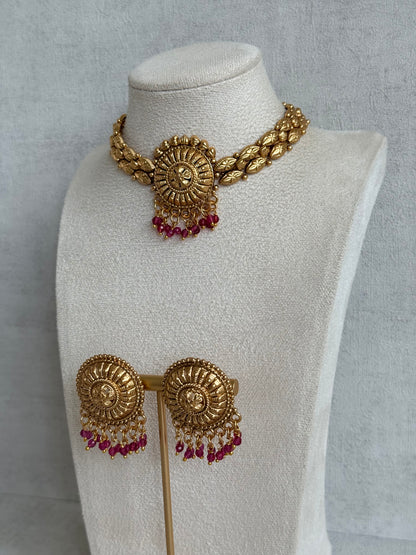 Ayura Designs Rania Choker Set with Studs – Antique Gold Floral Medallion Choker with Ruby Pink Bead Detailing