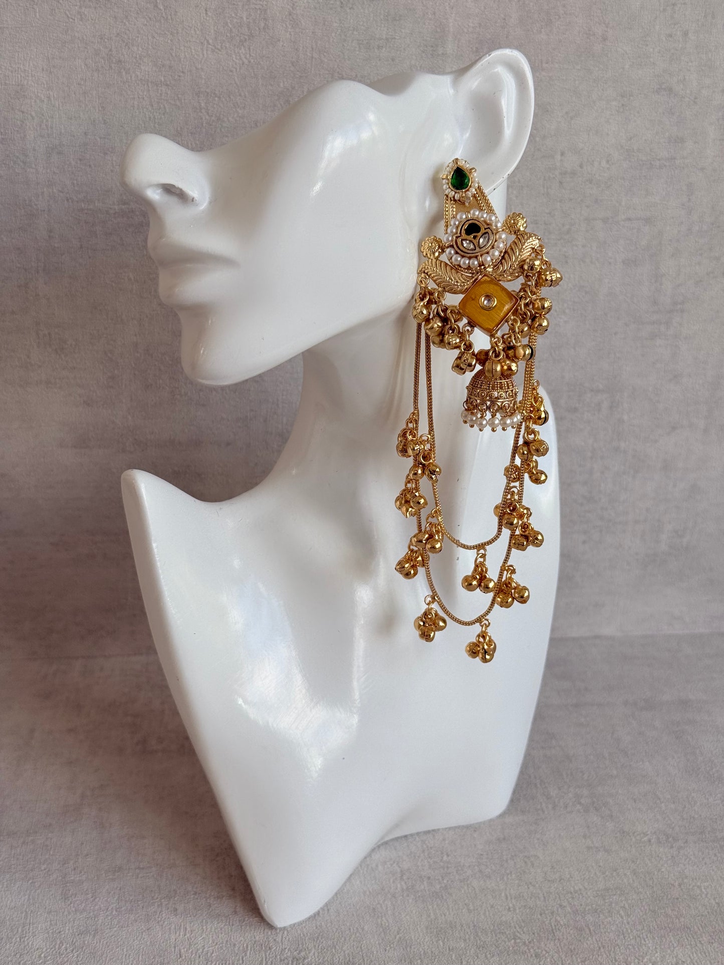 Ayura Designs Simal Earrings – Kashmiri Earrings with Amber Stone, Multicoloured Detailing, Layered Ghungroo Chains & Jhumkis