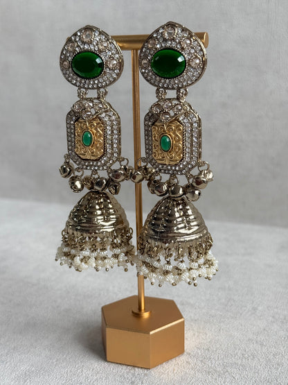 Ayura Designs Maara Jhumkis – Champagne Gold with Emerald Green Stones, Crystals, Ghungroos & Pearl Detailing