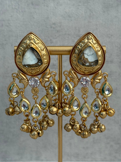 Ayura Designs Arheer Earrings – White & Bronze Marble with Kundan Detailing & Antique Gold Ghungroos