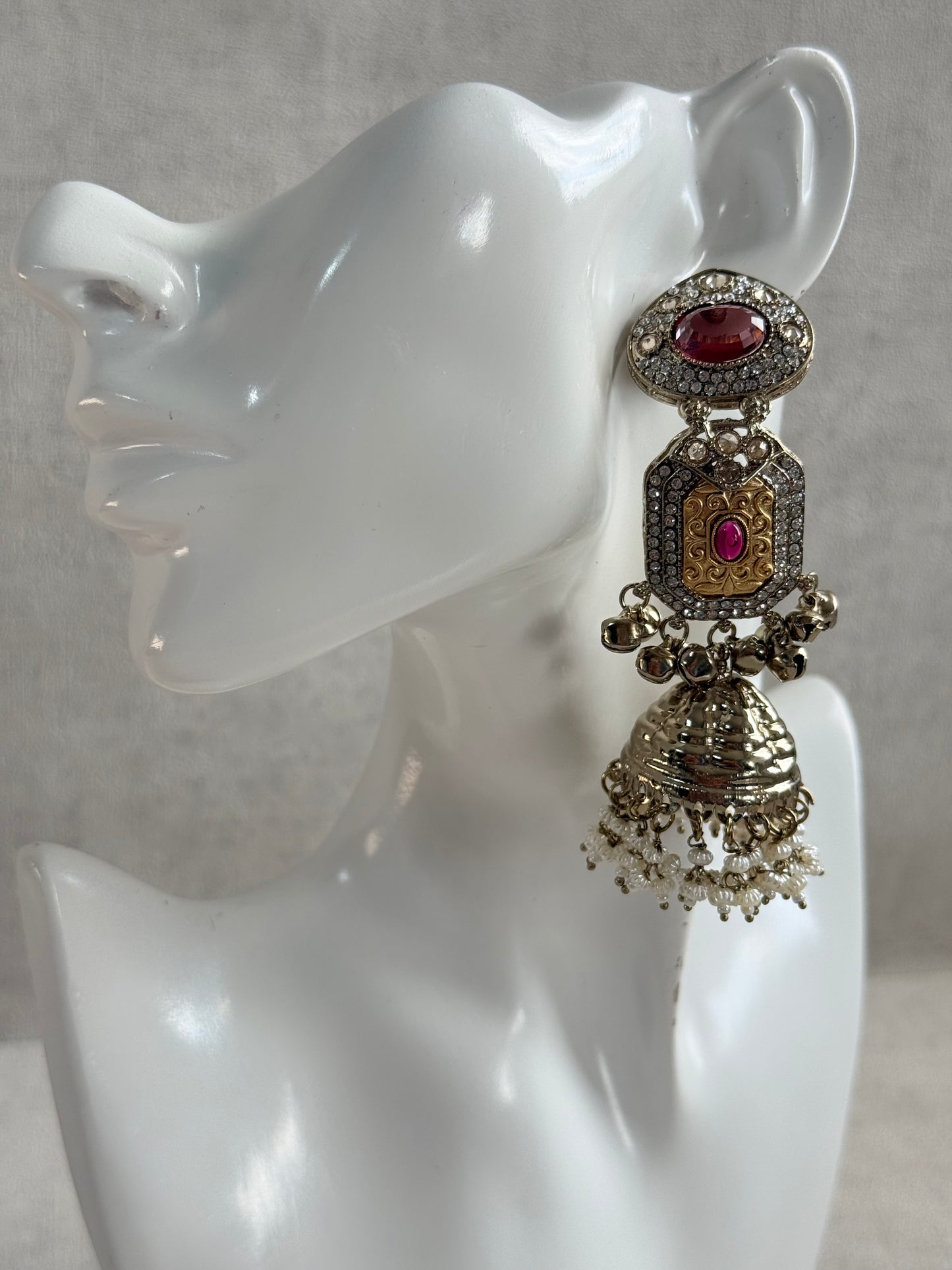 Ayura Designs Maara Jhumkis – Champagne Gold with Rose Pink & Rani Pink Stones, Crystals, Ghungroos & Pearl Detailing