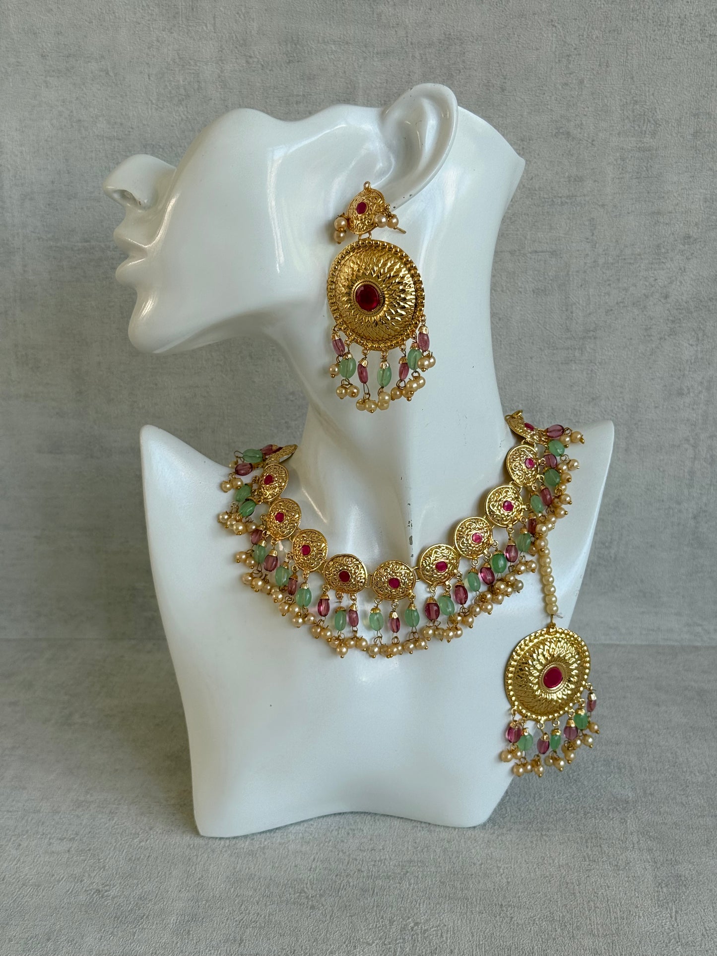 Ayura Designs Jyoti Set with Earrings & Tikka – Gold Disc Necklace with Ruby Pink, Mint Green & Pearl Detailing
