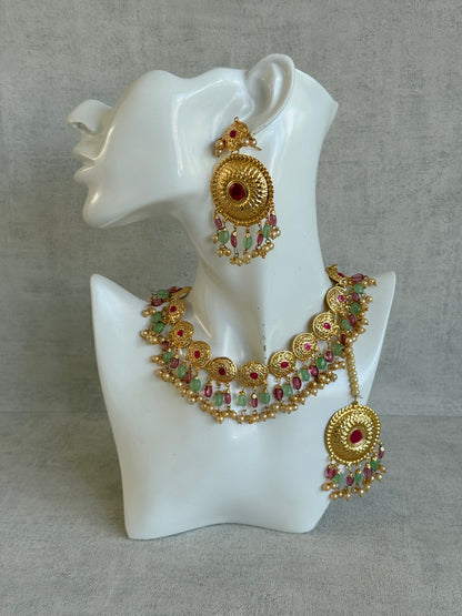 Ayura Designs Jyoti Set with Earrings & Tikka – Gold Disc Necklace with Ruby Pink, Mint Green & Pearl Detailing