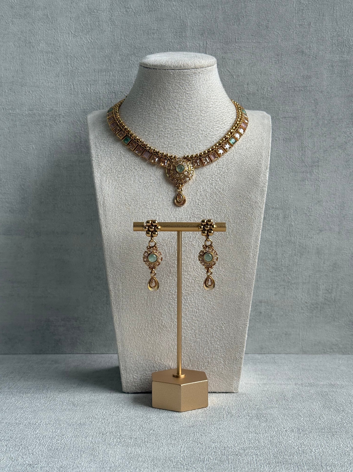 Ayura Designs Nithya Set – Gold Necklace & Earrings with Mint & Blush Stones and Mint Centre
