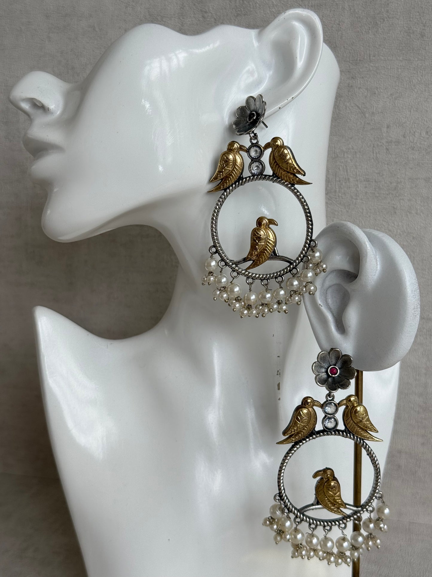 Ayura Designs Wasl Earrings – Dual Tone Oxidised Bird Hoop Earrings with Pearl Clusters