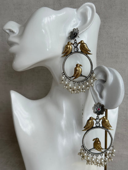 Ayura Designs Wasl Earrings – Dual Tone Oxidised Bird Hoop Earrings with Pearl Clusters