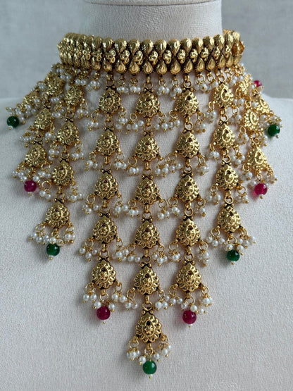 Ayura Designs Karima Choker Set with Sahare Earrings & Tikka – Waterfall Design, Rani Pink & Green Beads, Pearls & Antique Gold Finish