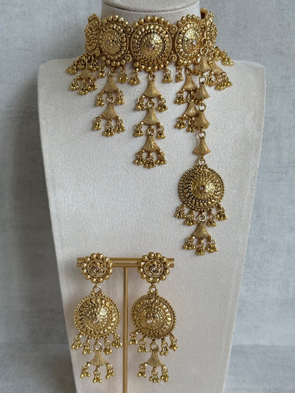 Ayura Designs Farzeena Choker Set with Earrings & Tikka – Traditional Gold Tone Waterfall Jewellery Set with Ghungroo Detailing