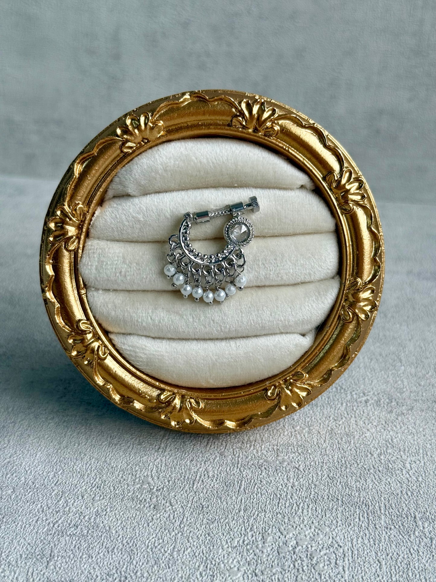 Ayura Designs Jalwa Nose Ring – Silver Finish with Mirror-Cut Stone & Pearl Fringe