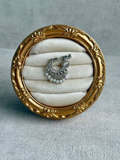 Ayura Designs Jalwa Nose Ring – Silver Finish with Mirror-Cut Stone & Pearl Fringe