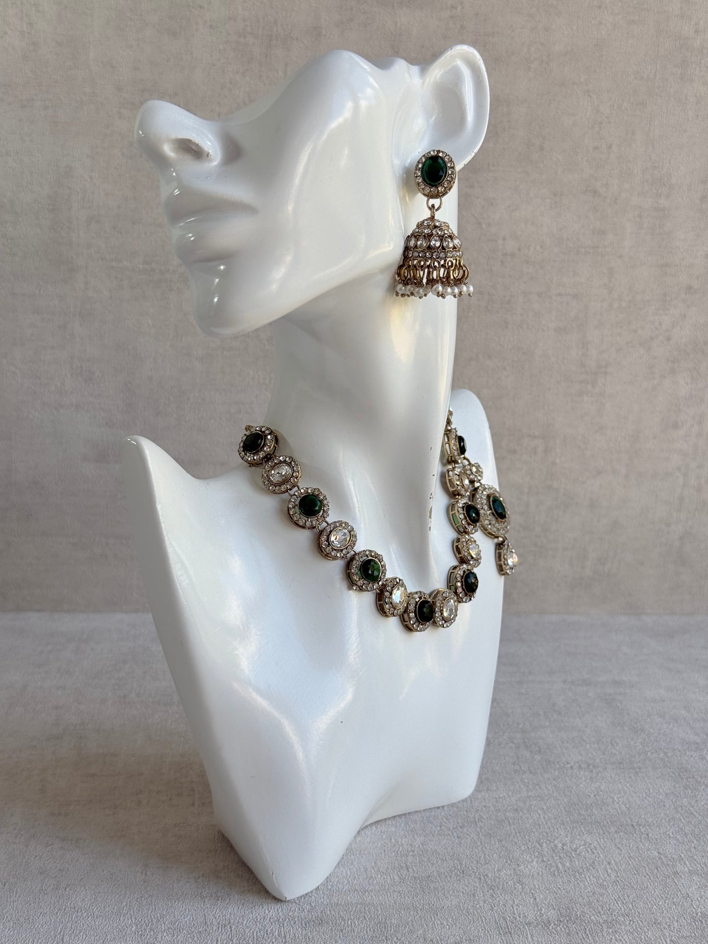 Ayura Designs Eira Necklace Set with Earrings & Tikka – Emerald Green & Crystal Stones with Antique Gold Finish