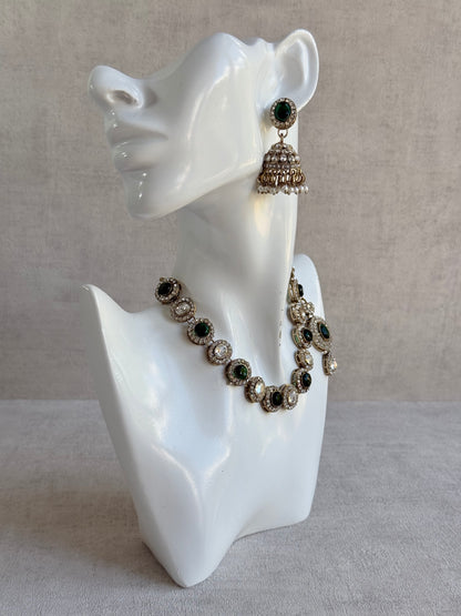 Ayura Designs Eira Necklace Set with Earrings & Tikka – Emerald Green & Crystal Stones with Antique Gold Finish