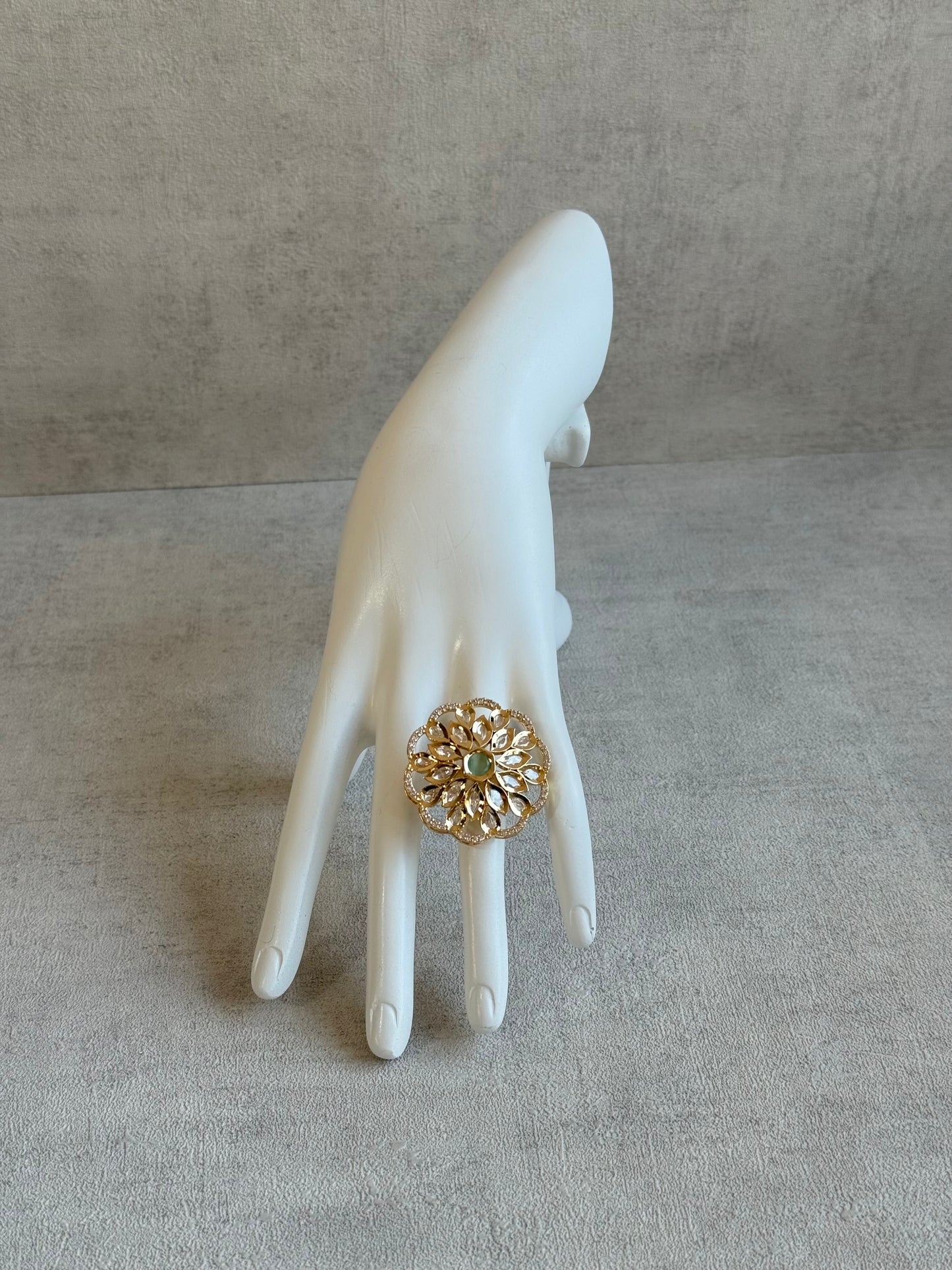 Ayura Designs Elisa Adjustable Ring – Moissanite Floral Ring with Mint Green Centre & Crystal Border