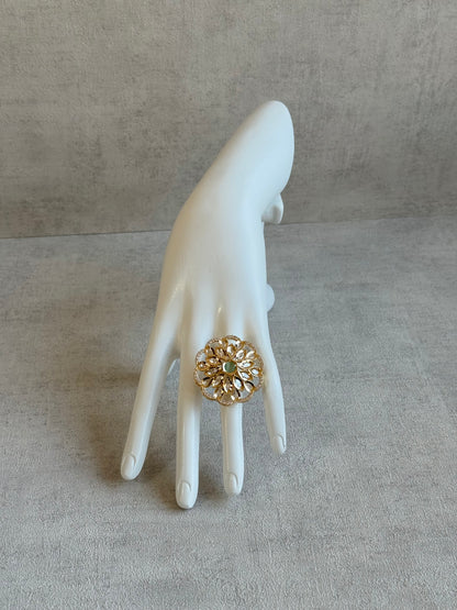 Ayura Designs Elisa Adjustable Ring – Moissanite Floral Ring with Mint Green Centre & Crystal Border