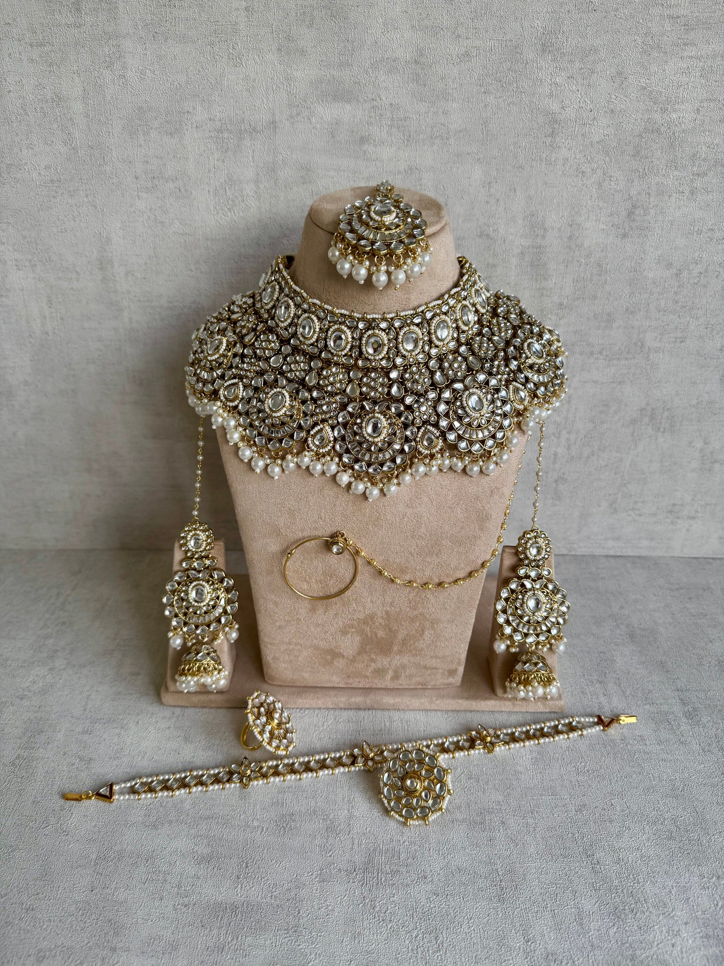 Ayura Designs Meherbano Bridal Set with Necklace, Jhumkis, Tikka, Nath, Ring & Sheeshphool – Mirror-Cut Stones with Pearl Detailing