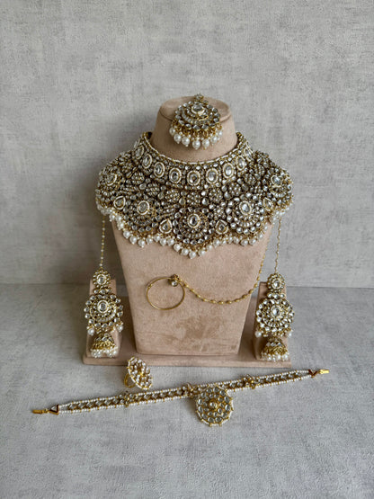 Ayura Designs Meherbano Bridal Set with Necklace, Jhumkis, Tikka, Nath, Ring & Sheeshphool – Mirror-Cut Stones with Pearl Detailing