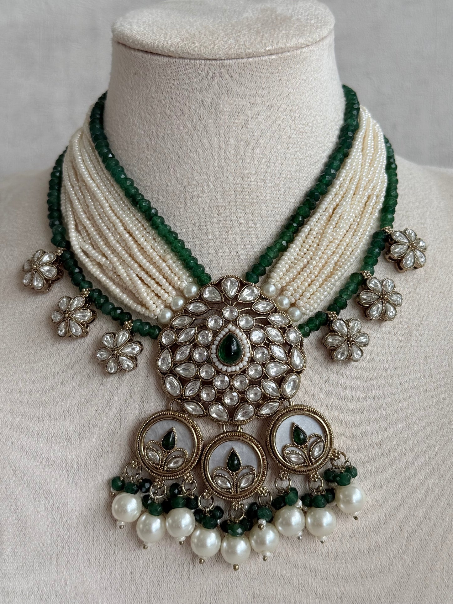 Ayura Designs Callie Set with Earrings – Emerald Green, Ivory Pearl & Jadau Detailing
