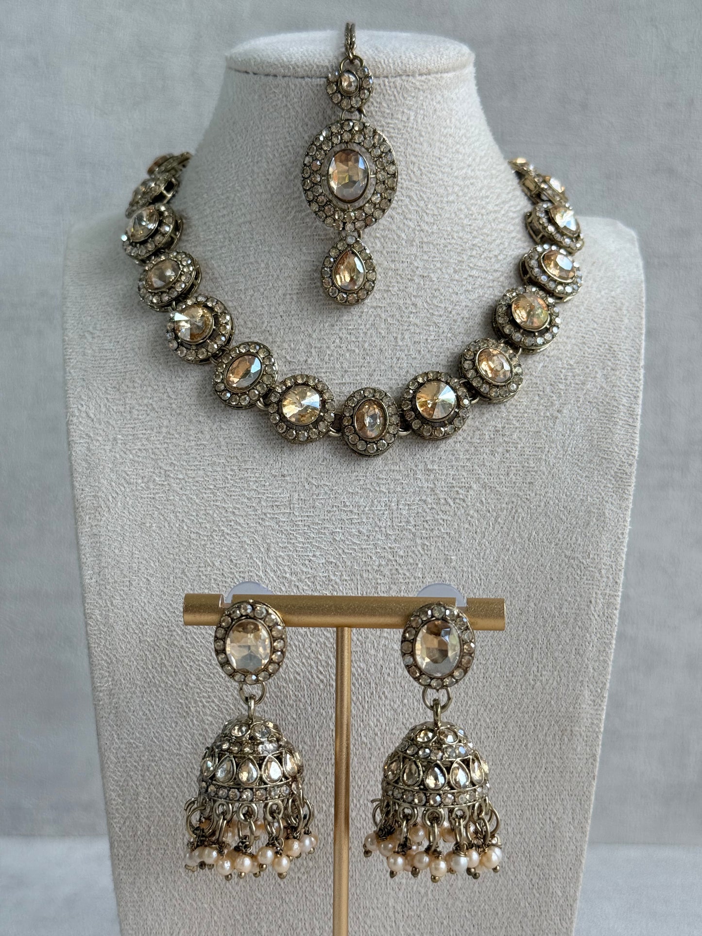 Ayura Designs Eira Necklace Set with Earrings & Tikka – Champagne Gold Crystal Stones with Antique Gold Finish