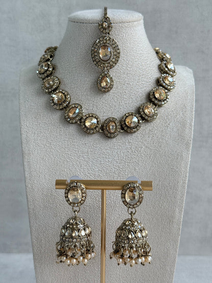 Ayura Designs Eira Necklace Set with Earrings & Tikka – Champagne Gold Crystal Stones with Antique Gold Finish