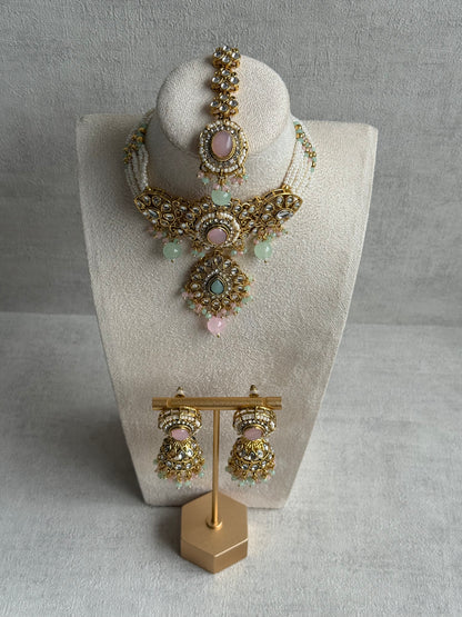 Ayura Designs Muskaan Set – Choker, Jhumkis & Tikka with Blush Pink & Mint Beads, Kundan Stones & Antique Gold Finish