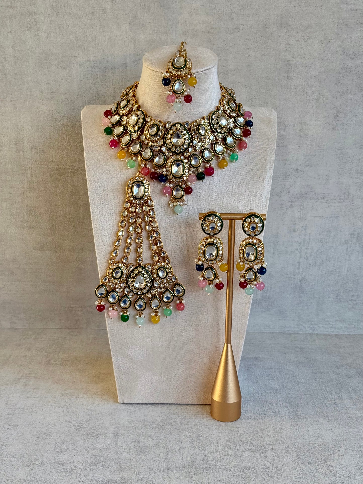 Ayura Designs Jashan Set with Necklace, Earrings, Tikka & Passa – Kundan Detailing, Pearl Drops & Multicolour Beads