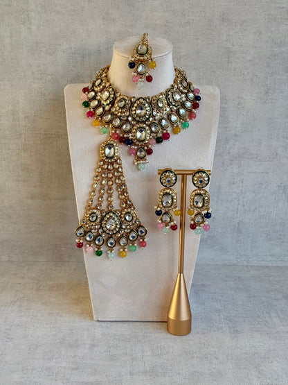 Ayura Designs Jashan Set with Necklace, Earrings, Tikka & Passa – Kundan Detailing, Pearl Drops & Multicolour Beads