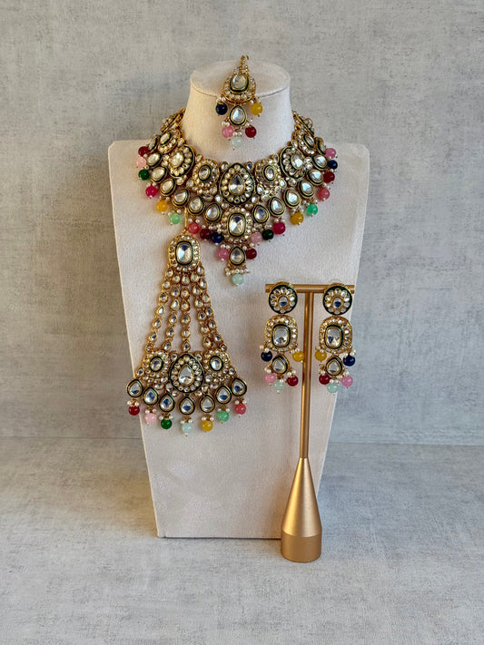 Ayura Designs Jashan Set with Necklace, Earrings, Tikka & Passa – Kundan Detailing, Pearl Drops & Multicolour Beads