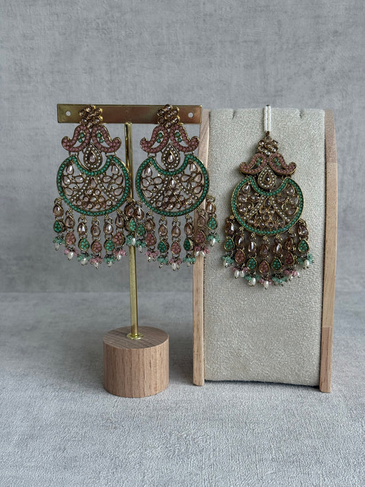 Ayura Designs Anvi Tikka Set with Earrings – Blush Pink & Mint Green with Champagne Stones & Pearl Drops