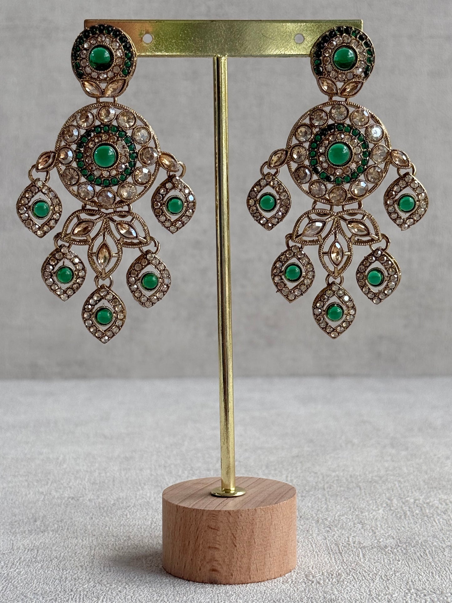 Ayura Designs Vanika Earrings – Emerald Green & Champagne Crystal Gold Finish