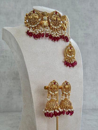 Ayura Designs Tanu Choker Set with Earrings & Tikka – A Golden Harmony of Pearls, Ruby Red Accents & Intricate Gold Detailing